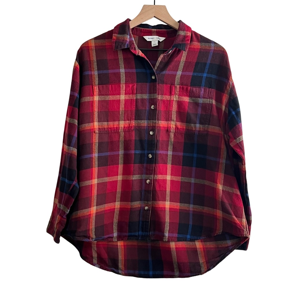 Old Navy Women's L Boyfriend Shirt Cotton Red Flannel Button Down Fall Plaid
